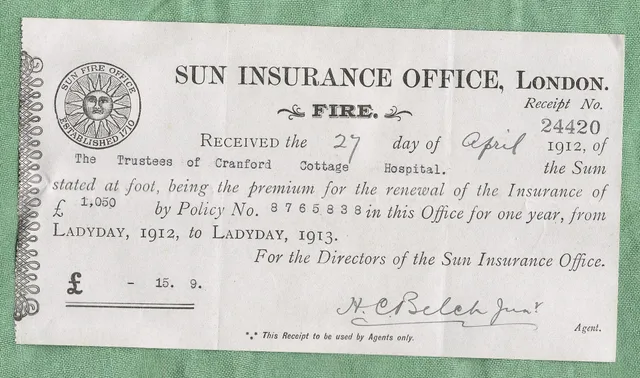 Scan (by me, R. de Salis, Rodolph ( talk ) 01:47, 13 December 2014 (UTC)) of a Fire insurance receipt, 1912-1913, from the Sun Insurance Office, London for the Harlington, Harmondsworth and Cranford Cottage Hospital. Text reads: SUN INSURANCE OFFICE, London FIRE. Recipt No. 24420 Received the 27 day. Why the broad market label fails, and how to research insurance buyers in five steps
