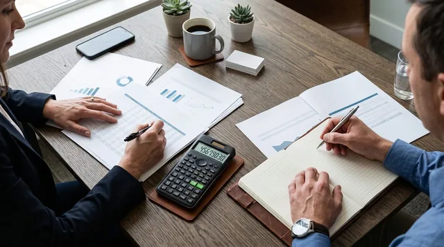 office, documents, calculator, meeting, business, desk, notepad, writing, spreadsheet, coffee, man, woman, office work, strategy, overview, analysis, finance, chart, collaboration, business meeting. Business insurance budget template England: premium, IPT at 12%, broker fees, excesses and retained loss