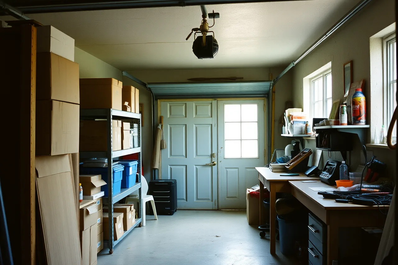 Converted garage workspace with stock shelves and tools (Do home-based businesses need separate insurance in the UK?)